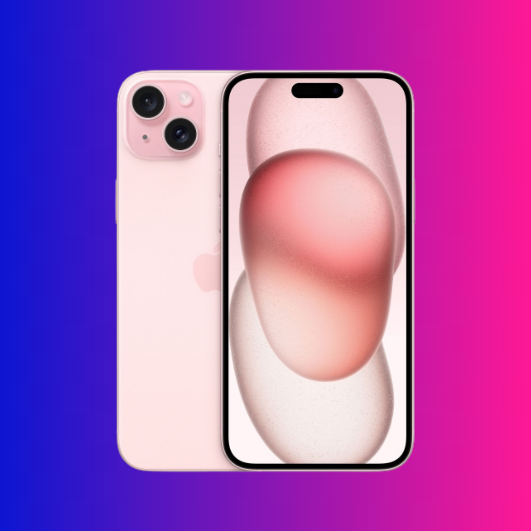 iphone 15 plus with a pink case on a gradient background